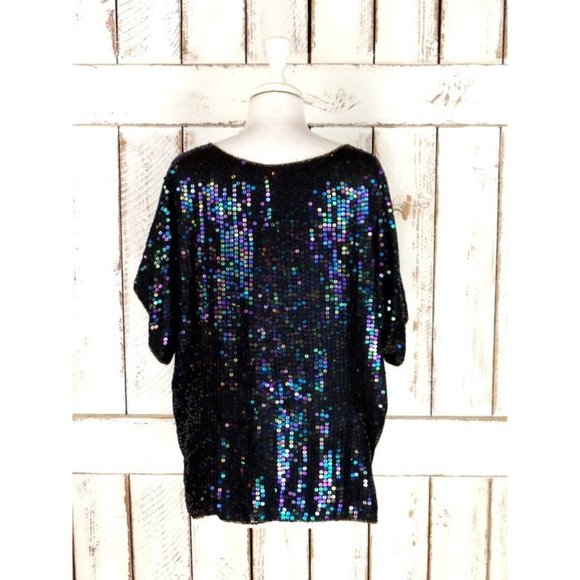 Vintage silk black white silver beaded sequins floral top - Picture 3 of 4